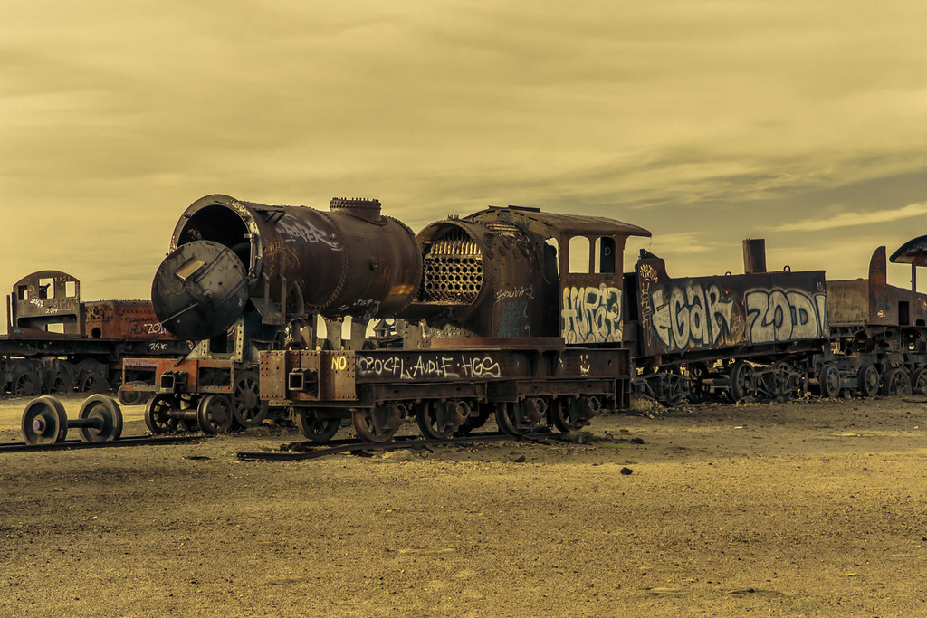 The famous Uyuni Train Cemetery in the middle of the desert