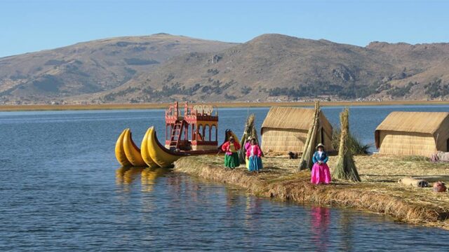 The floating reed islands of Uros, home of the Uru people on Lake Titicaca, Peru